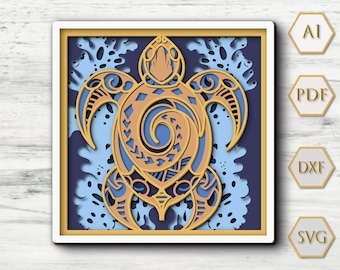 3D Sea Turtle Shadow Box SVG, oceaanmandala gelaagd ontwerp (digitale download)