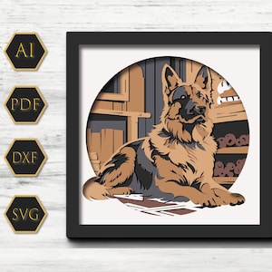 File di Shadow Box del pastore tedesco, file di modelli di Light Box tagliati in carta, Shadow Box tagliati in carta, file SVG di Light Box tagliati in carta 3D fai da te