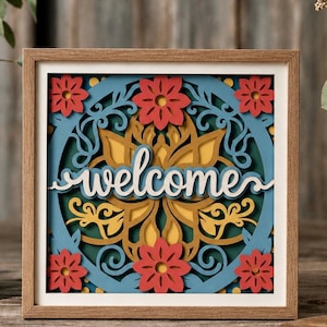 Floral Welcome SVG Shadow Box, Layered Papercut Entryway Sign (Digital Download)