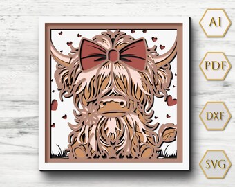 May include: A layered paper art piece featuring a Highland cow with a large bow. The cow is depicted in shades of brown and tan, with a red bow and small red hearts. The artwork is framed in a white square frame.