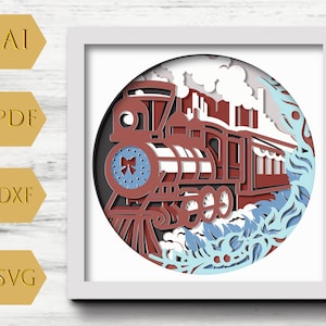 Caja de sombras de tren navideño en formato SVG 3D, Svg de invierno en capas, caja de sombras de Papá Noel, Svg 3D de reno, Svg 3D de juguetes navideños, silueta de Cricut