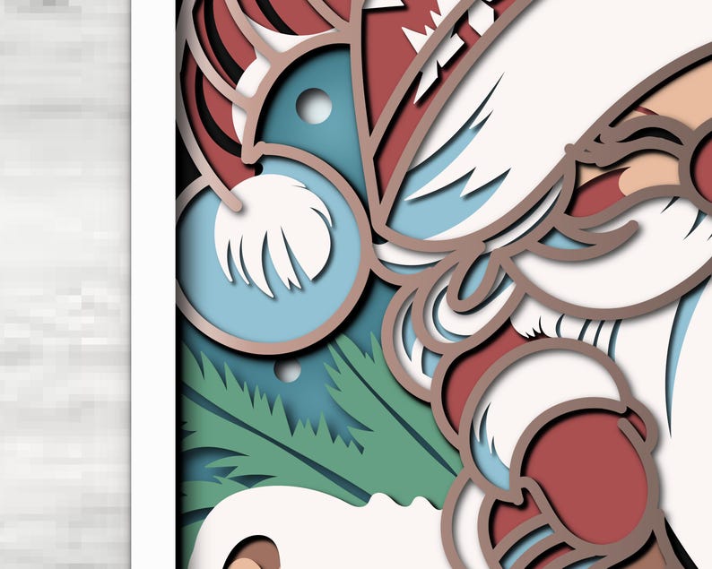 May include: A multi-layered paper art piece featuring a stylized Santa Claus figure with a white beard, red hat, and red clothing. The design incorporates light blue, dark teal, and green pine branch elements, creating depth through stacked cutouts.