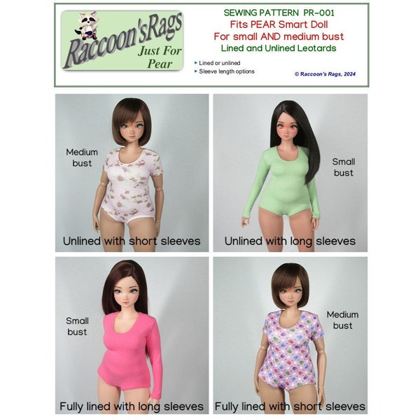 Smart Doll PEAR Sewing Pattern (digital). 27 Page Ebook with pattern templates. PR-001: Leotards for pear girls. Fits both bust sizes.