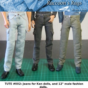 PDF Full tutorial with pattern TUTE#002: Jeans & pants for 12" male dolls, such as Ken. Also fits Tonner Patience.