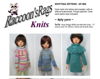 Kaye Wiggs MSD dolls. Digital Knitting Pattern PDF.  KP-010: Cowl neck dress & sweater in 4ply (sport)