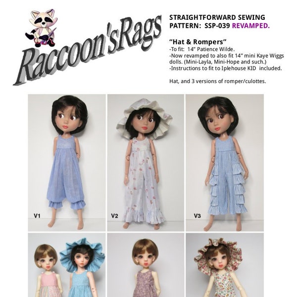 14" Kaye Wiggs Mini & Patience Wilde. Digital Sewing Pattern PDF- SSP-039V: Revamped. rompers and hat. Instructions for Iple KID.