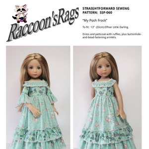 K&ouml;nnte beinhalten: Ein N&auml;hmuster f&uuml;r ein Puppenkleid namens "My Posh Frock" f&uuml;r eine 33 cm (13 Zoll) gro&szlig;e Puppe. Das Muster stammt von Raccoon's Rags und ist f&uuml;r ein Kleid und einen Petticoat mit R&uuml;schen und Knopf- und Perlenverschl&uuml;ssen an den &Auml;rmeln.
