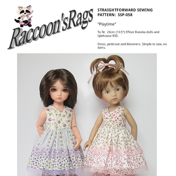 Effner Boneka and Iplehouse BID. STRAIGHTFORWARD Sewing Pattern SSP-058: "Playtime" for 10.5" (26cm)  Dress, petticoat & bloomers.