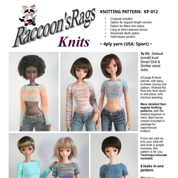 Smart Doll. Digital Knitting Pattern PDF. 22 Page Ebook. KP-012: 4ply Raglan Sweaters & Minidress. Fits default bust body.