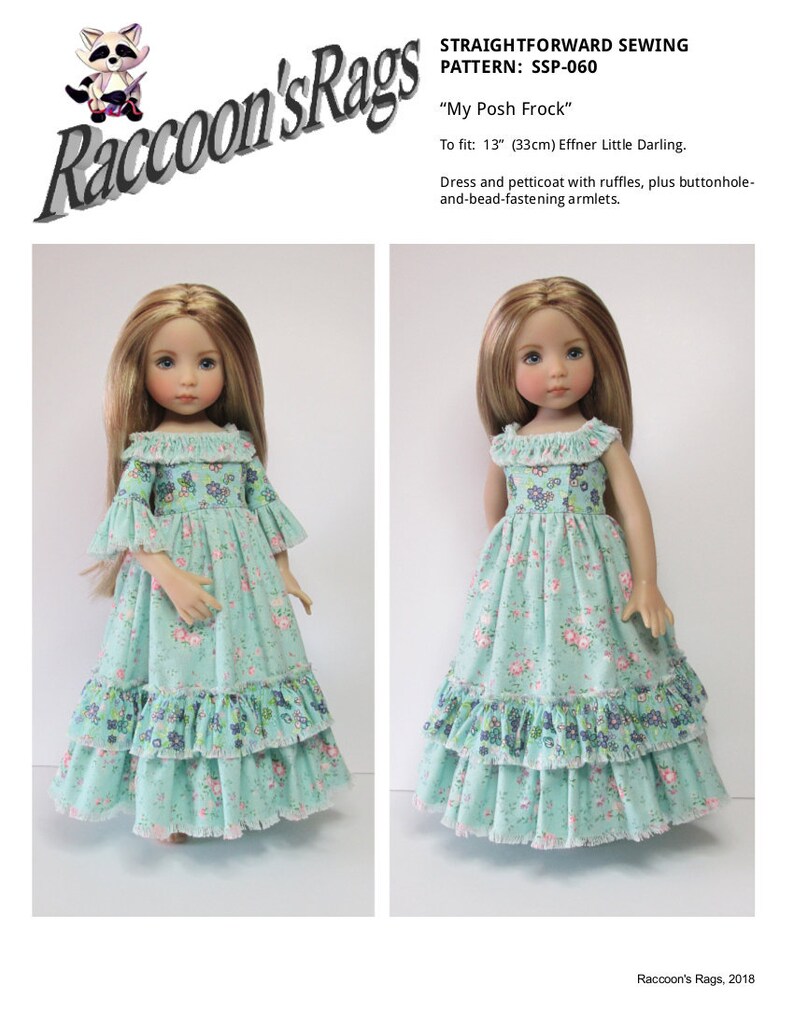 K&ouml;nnte beinhalten: Ein N&auml;hmuster f&uuml;r ein Puppenkleid namens "My Posh Frock" f&uuml;r eine 33 cm (13 Zoll) gro&szlig;e Puppe. Das Muster stammt von Raccoon's Rags und ist f&uuml;r ein Kleid und einen Petticoat mit R&uuml;schen und Knopf- und Perlenverschl&uuml;ssen an den &Auml;rmeln.