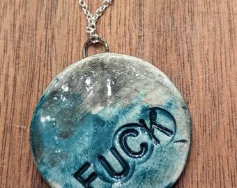 Handmade Porcelain Pendant Necklace - Fuck - Black and Teal, Silver colored chain