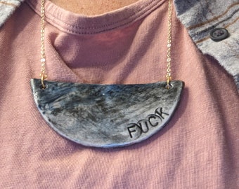 Handmade Porcelain Necklace - Fuck - Black and Blue, Gold colored chain