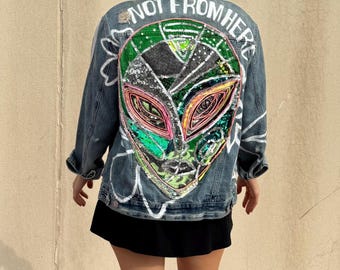 Alien Art Denim Jacket – Hand-Painted Mixed Media Statement Piece