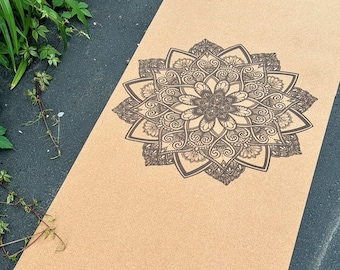 Mandala Cork Yoga mat, 5mm Thick Natural Cork and Rubber with Carry Strap