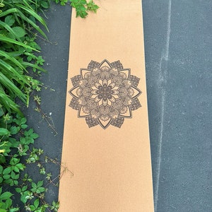 Cork Yoga Mat: Mandala Zen Design, 5mm Thick with Carry Strap