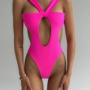 Pink Criss Cross Swimsuit | Sexy Cut Out One Piece Bikini | Halter Open Sides Swimwear | Sheer Beachwear