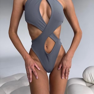 Twist Front Cut Out Swimsuit | Sexy Gray One Piece Bikini | Cheeky Criss Cross Swimwear | Halter Bathing Suit