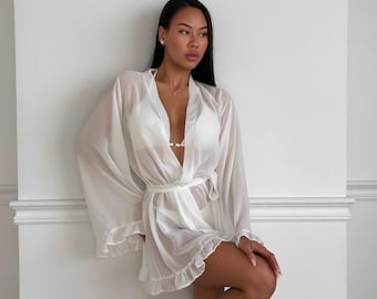 Beach Kimono And Bikini | Ivory Bikini Set | Chiffon Beach Kimono | Riffled Outfit | White Mesh See Through Wear