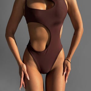Brown Cut Out Swimsuit | Sexy Asymmetrical Swimwear | Cheeky One Piece Bikini | Chocolate Bathing Suit