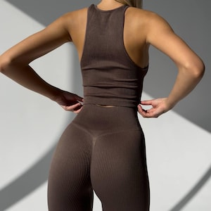 Brown Push Up Workout Set | Sexy Workout Set | Push Up Leggings | Rib Yoga Set | Push Up Workout Outfit | Leggings & Top Set