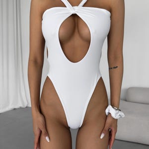 White Sexy Criss Cross Swimsuit | Cheeky Open Sides Swimwear | Cut Out One Piece Bikini Set | Halter Bathing Suit