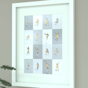 May include: A framed print featuring a grid of 12 basketball players in yellow and purple uniforms, each in a different pose. The background is a light gray with a subtle checkerboard pattern.