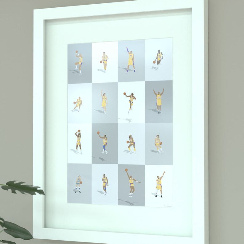 May include: A framed print featuring a grid of 12 basketball players in yellow and purple uniforms, each in a different pose. The background is a light gray with a subtle checkerboard pattern.