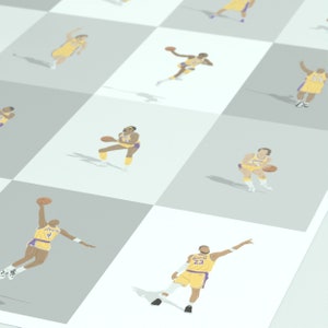 May include: A digital illustration of nine different basketball players wearing yellow and purple uniforms. The players are in various poses, including dribbling, shooting, and jumping. The background is a light gray checkerboard pattern.