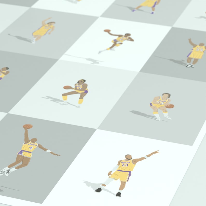 May include: A digital illustration of nine different basketball players wearing yellow and purple uniforms. The players are in various poses, including dribbling, shooting, and jumping. The background is a light gray checkerboard pattern.