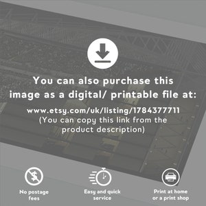 May include: Downloadable digital file of an image. The image shows a crowd of people in a stadium. The text on the image says "You can also purchase this image as a digital/ printable file at: www.etsy.com/uk/listing/1784377711 (You can copy this link from the product description)".  The image also includes three icons: a dollar sign with a line through it, a clock with a lightning bolt, and a printer.
