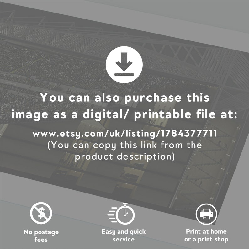 May include: Downloadable digital file of an image. The image shows a crowd of people in a stadium. The text on the image says "You can also purchase this image as a digital/ printable file at: www.etsy.com/uk/listing/1784377711 (You can copy this link from the product description)".  The image also includes three icons: a dollar sign with a line through it, a clock with a lightning bolt, and a printer.