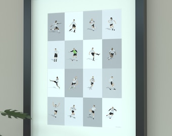 May include: A framed print of a black and white illustration of 16 soccer players in various poses. The print is on a white background and is framed in a black frame.