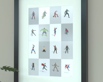 May include: A framed print featuring a grid of 16 superhero silhouettes in various poses. The superheroes include Iron Man, Captain America, Thor, Hulk, Black Widow, Hawkeye, Black Panther, Spider-Man, and more. The print is on a white background with a black frame.