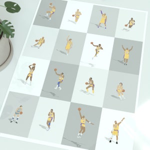 May include: A digital illustration of 12 basketball players in yellow and purple uniforms. The players are in various poses, some dribbling, some shooting, and some standing. The background is a white grid.