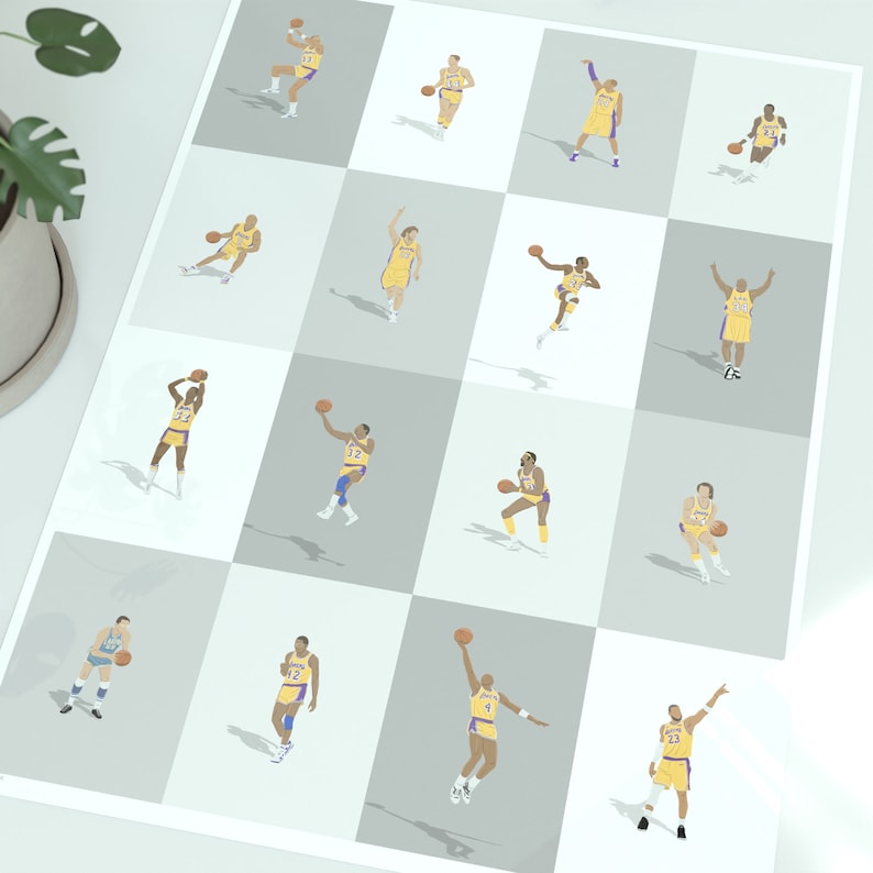 May include: A digital illustration of 12 basketball players in yellow and purple uniforms. The players are in various poses, some dribbling, some shooting, and some standing. The background is a white grid.