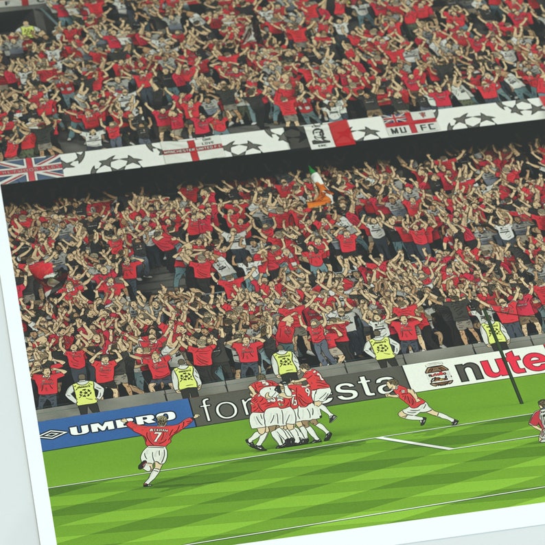 May include: A digital illustration of a football match with a team celebrating a goal. The players are wearing white shirts with red numbers and black shorts. The crowd is cheering in the background. The words "UMBRO", "for esta", and "nute" are visible on the pitch.