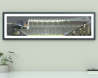 May include: A panoramic view of a large, modern stadium at night. The stadium is filled with spectators, and the lights are on. The stadium is surrounded by a city skyline.