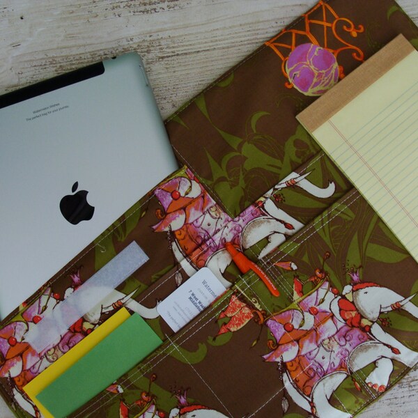Full Size 7 Pocket Fabric iPad Sleeve Portfolio 8.5 x 11 Note Pad Cover Elephant Fabric