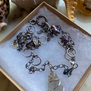 925 Sterling Silver Grey Seaglass Beachglass Pendant and Versatile Adjustable Chain Bracelet Anklet