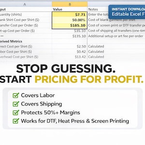 Prijscalculator voor custom T-shirts: 50% winst bij elke bestelling (DTF en Heat Press)" (digitale download)