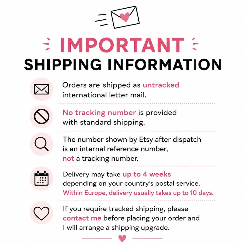 Puede incluir: Un gr&aacute;fico informativo blanco con texto en negro y rosa titulado IMPORTANT SHIPPING INFORMATION. Presenta cinco iconos circulares: un sobre con un coraz&oacute;n, un c&iacute;rculo con una barra, una lupa, un calendario y un s&iacute;mbolo de coraz&oacute;n.