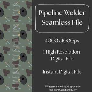 Peut inclure: Fichier numérique avec un motif répétitif de casques de soudage, d'outils et de raccords de tuyaux sur fond vert. Le texte "Pipeline Welder Seamless File" est inclus.