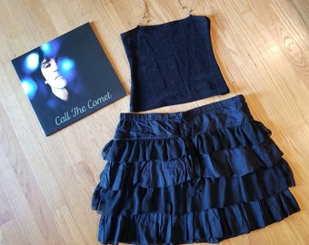 Black Frilled Lolita Skirt. Tulip Flared Skirt. 4 Layer 1990 Fashion Skirt. Nineties Short Gothic Skirt. Cotton and Sheer Fabric. Old Navy.
