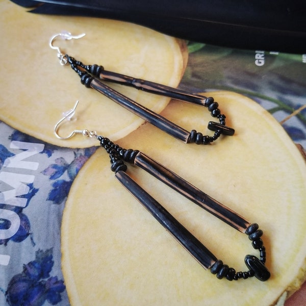 Crow Quill Beaded Dangle Earring . Black Crow Quill Jewelry. 3 inch Hand Beaded Crow Quill and Onyx Earrings. Tribal Jewelry. Gothic Jewelry
