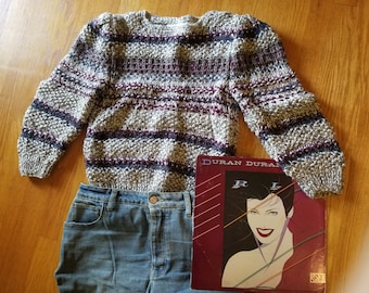 Vintage 1990's Cristina's Brand Open Crochet Knit Sweater. 1990's Fashion. Vintage Nineties Clothing. Burgundy, Navy, Olive, Gray, White