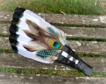 Large Simulated Eagle-style and Owl Feather Smudge Fan. Selenite Wand Smudge Feather. Owl Fan. Watercolored  Eagle Fan. Feather for Smudge.