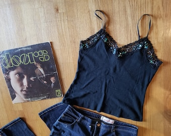 Vintage 1990's Black Green Blue Sequin Sparkle Disco Top. Tank Top. Thin Straps, Stretch Knit Top. 1990's Fashion. Vintage Nineties Clothing