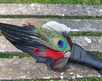 Rare Raven Peacock Red Phoenix Smudge Fan. Crow Pheasant Smudge Fan. Ceremonial Smudge Fan. Red Feather Smudge Fan. Cruelty Free Smudge Fan.