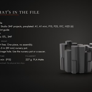 Puede incluir: Una descarga digital para una maceta imprimible en 3D con dise&ntilde;o de columnas hexagonales. El texto incluye: WHAT'S IN THE FILE, 1 archivo STL, proyectos Bambu Studio 3MF, gu&iacute;a de impresi&oacute;n PDF, licencia, formatos: STL, 3MF, impresi&oacute;n probada, sin soportes, apto para maceta de 89 mm.