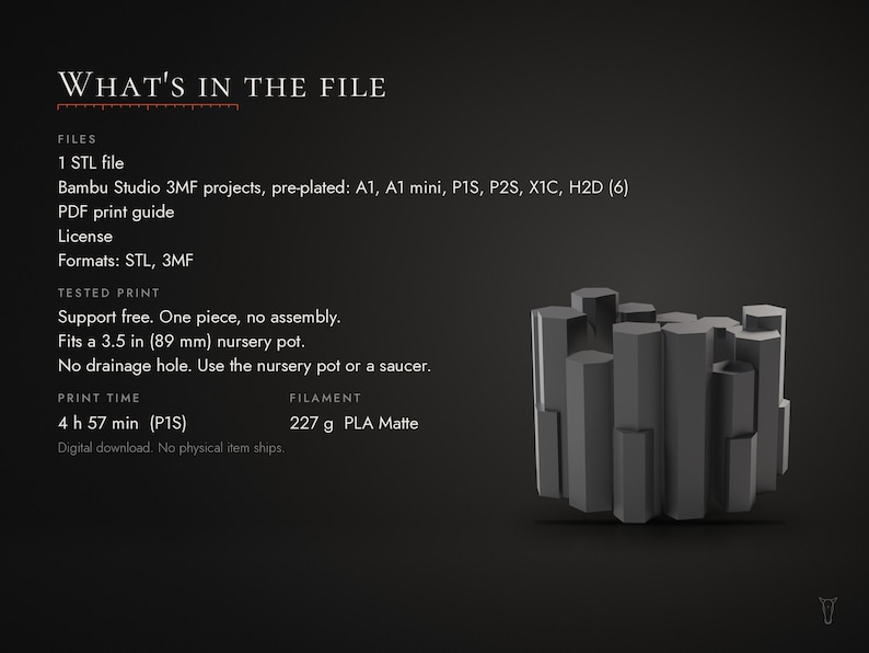 Puede incluir: Una descarga digital para una maceta imprimible en 3D con dise&ntilde;o de columnas hexagonales. El texto incluye: WHAT'S IN THE FILE, 1 archivo STL, proyectos Bambu Studio 3MF, gu&iacute;a de impresi&oacute;n PDF, licencia, formatos: STL, 3MF, impresi&oacute;n probada, sin soportes, apto para maceta de 89 mm.